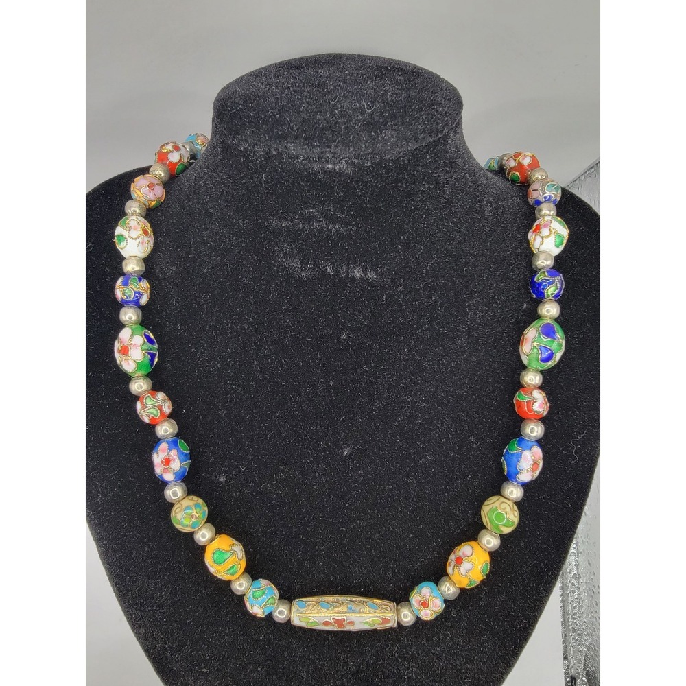Vintage Chinese Cloisonne Enamel Floral Bead Necklace Boho Eclectic Maximalist